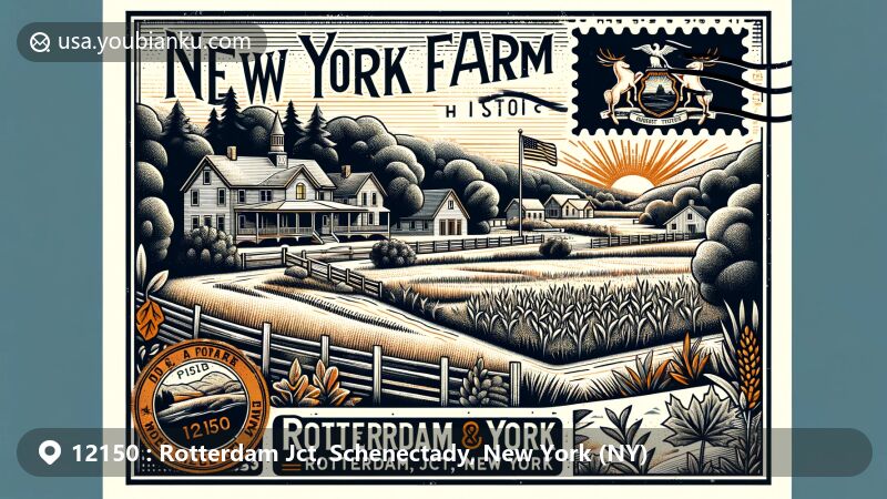 Modern illustration of Rotterdam Jct, New York, with ZIP code 12150, featuring Mabee Farm Historic Site, New York state flag, and postal elements, capturing the charm and rural essence.