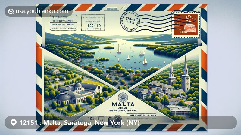 Modern illustration of Round Lake, Malta, Saratoga County, New York, capturing serene nature and technological advancement with Luther Forest Technology Campus, integrating postal elements like stamps and mailbox, highlighting ZIP code 12151.
