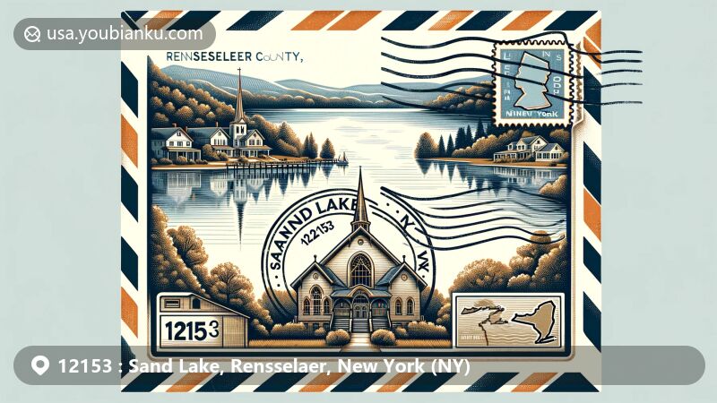 Modern illustration of Sand Lake, New York, featuring Glass Lake and the historic Sand Lake Baptist Church, creatively integrated with postal elements including a vintage airmail envelope and custom postage stamp showcasing Rensselaer County's outline.