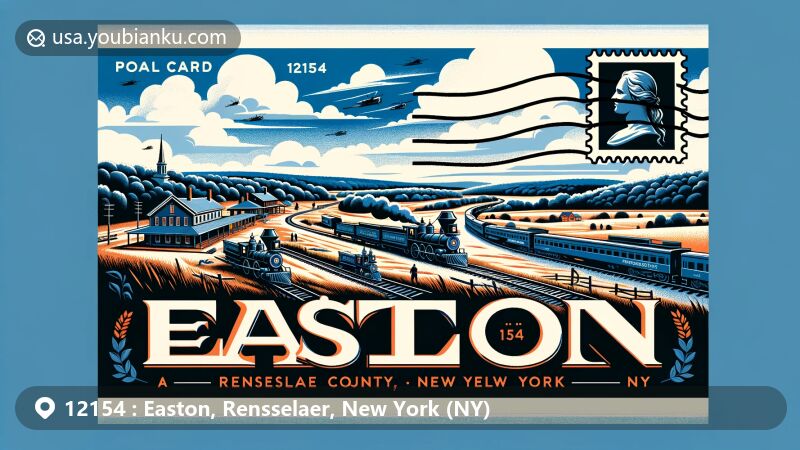 Modern illustration of Easton, Rensselaer County, New York, showcasing Bennington Battlefield and Rensselaer Rail Station, with picturesque county landscapes and postal elements like stamps and ZIP Code 12154.