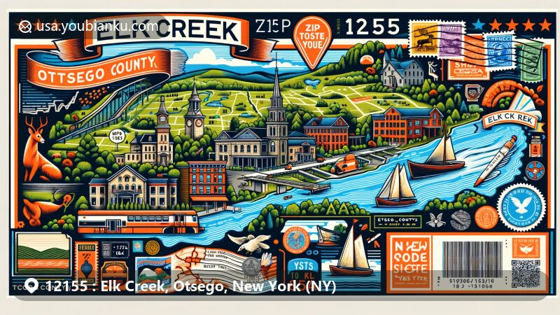 Modern illustration of Elk Creek, Otsego County, New York, featuring historical landmarks, 1856 map, New York state symbols, and postal elements with 'ZIP Code 12155'.