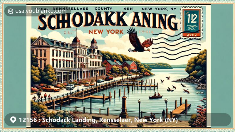 Modern illustration of Schodack Landing, Rensselaer County, New York, featuring vintage postcard theme with ZIP code 12156, showcasing Greek Revival and Italianate architecture, Schodack Landing Historic District, and Schodack Island State Park.