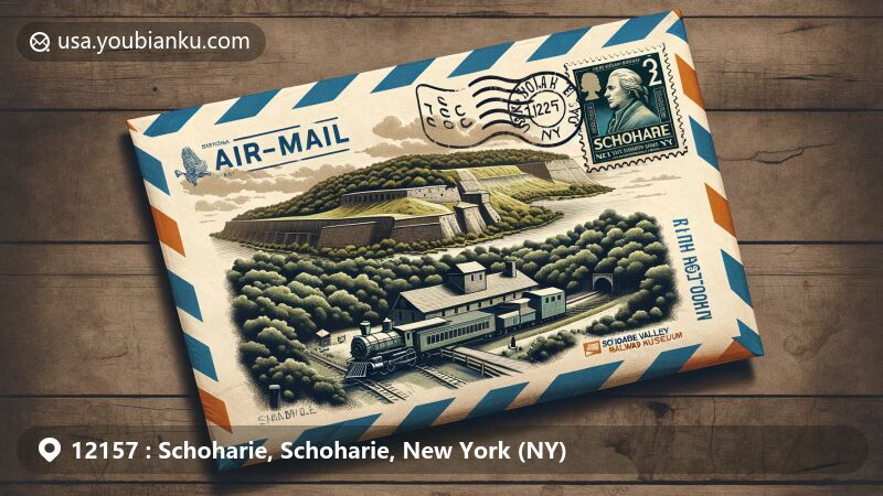 现代插图展示了纽约州Schoharie的The Old Stone Fort，作为航空邮件信封的主视觉焦点，展示了该地区丰富的历史遗产和自然风光。背景融合了Schoharie Valley的景色和铁路遗产，代表了Schoharie Valley Railroad Museum。邮票和邮戳突显了Schoharie的标志性元素和邮政特色。