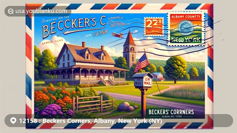 Modern illustration of Beckers Corners, Albany County, New York, showcasing historical Becker Homestead scenery, postal theme with vintage New York state flag stamp, and ZIP code 12158, blending county heritage and natural beauty in a welcoming and nostalgic atmosphere.