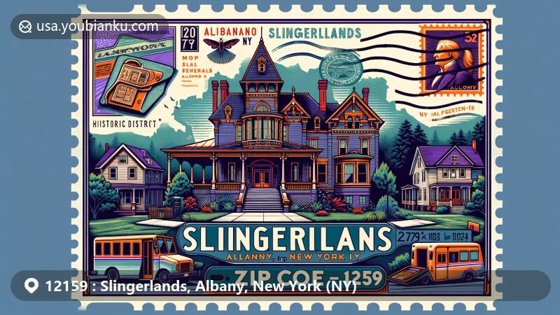 Modern illustration of Slingerlands, Albany County, New York, incorporating local heritage from the Slingerlands Historic District and the Albert Slingerland House, featuring diverse architectural styles and iconic postal elements.