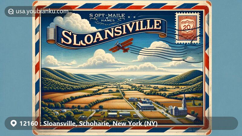 Modern illustration of Sloansville, Schoharie County, New York, featuring vintage airmail envelope frame showcasing rolling hills, farmland, U.S. Route 20, and state route intersections, with historical markers from Palatine settlement in 1750s and John R. Sloan naming in 1798.