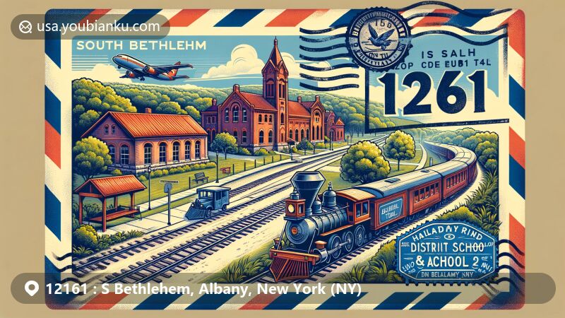 Modern illustration of South Bethlehem, Albany County, New York, depicting the Albany County Rail Trail, District School No. 1, and Becker Homestead within a postal-themed design featuring ZIP code 12161.