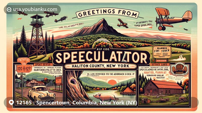 Modern illustration of Spencertown, Columbia County, New York, featuring St. Peter's Presbyterian Church, lush countryside, and Taconic Sculpture Park with giant head sculpture, set against vintage airmail envelope with Spencertown Academy stamp and NY 12165 postmark.