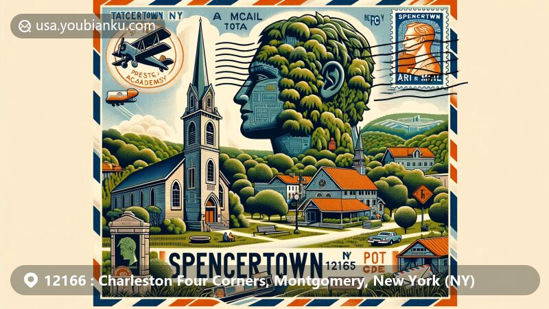 Modern illustration of Charleston Four Corners, Montgomery County, New York, showcasing rural charm, recreational activities, and postal theme with ZIP code 12166, featuring state and county forests and Schoharie Creek.