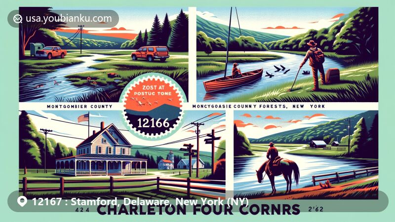 Modern illustration of Stamford, Delaware County, New York, depicting Catskill Mountains backdrop, Mount Utsayantha observatory, vintage railway, and colorful postal theme with ZIP code 12167.