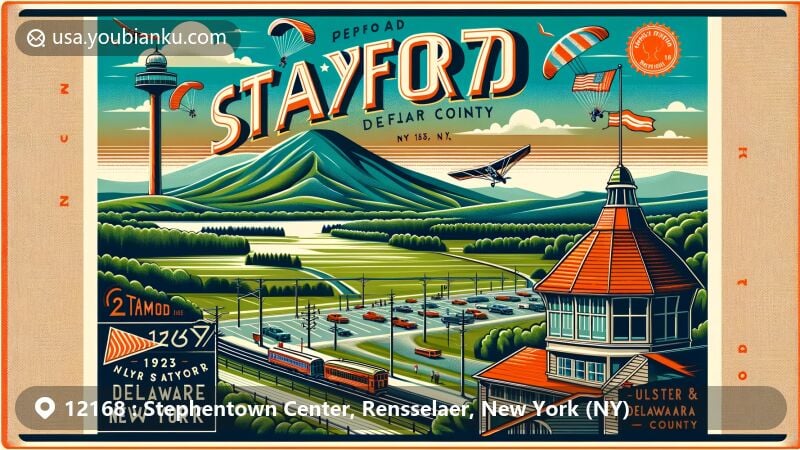 Modern illustration of Stephentown Center, Rensselaer County, New York, showcasing postal theme with ZIP code 12168, featuring The Beer Diviner brewery, Zema's Nursery, stylized New York State flag, and postal service elements.