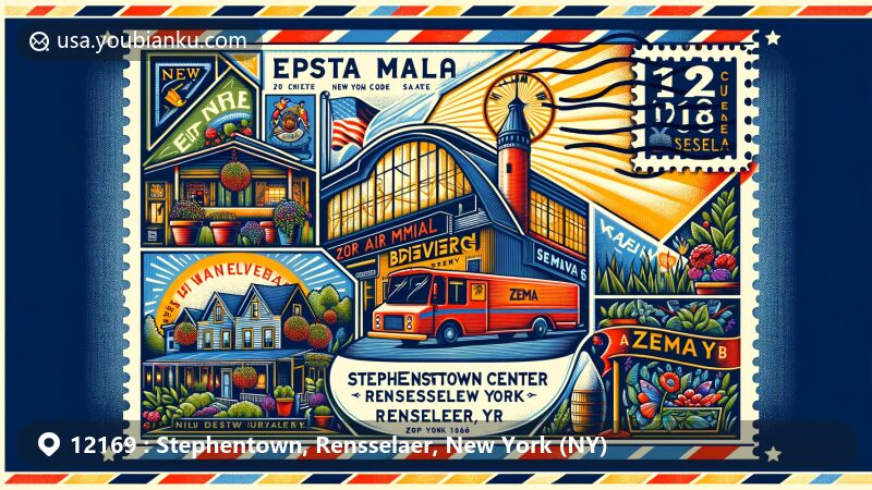 Modern illustration of Stephentown, NY, showcasing postal theme with ZIP code 12169, featuring Cherry Plain State Park's natural beauty and vintage postal elements.