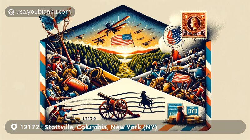 Modern illustration of Stottville, Columbia County, New York, showcasing rural charm with Claverack Creek, agricultural symbols, and postal theme with ZIP code 12172.