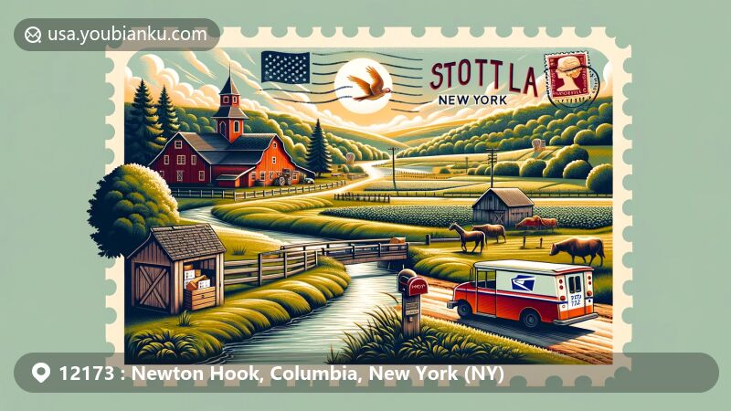 Modern illustration of Newton Hook, NY, highlighting Lynch Hotel with Queen Anne architectural features and Nutten Hook's natural beauty, showcasing river, wildlife viewing, and kayaking activities, all integrated into a creative mail theme with ZIP code 12173.