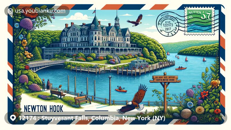 Modern illustration of Stuyvesant Falls, Columbia, New York, showcasing scenic waterfall on Kinderhook Creek, surrounded by natural beauty and iconic iron truss bridge, with vintage airmail envelope displaying ZIP code 12174 and Martin Van Buren National Historic Site stamp.