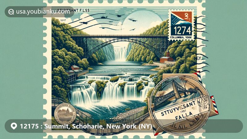 Modern illustration of Burnt-Rossman Hills State Forest in Summit, Schoharie County, New York, showcasing natural beauty and postal theme with ZIP code 12175, featuring hiking trails and creative postcard design.