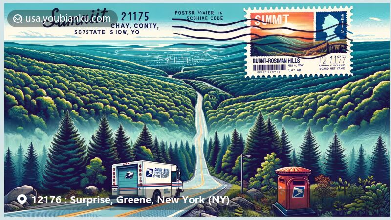 Modern illustration of Surprise, Greene County, New York, depicting postal theme with ZIP code 12176, showcasing Murder Bridge Hill and rural landscapes, integrating artful postcard design.