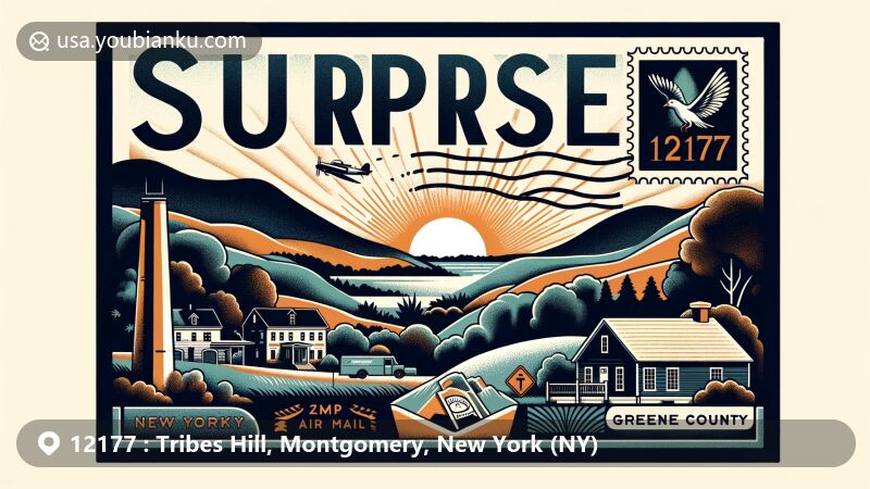 Modern illustration of Tribes Hill, Montgomery County, New York, highlighting scenic beauty with rolling hills and greenery, incorporating postal elements like vintage postcard design and postmark with ZIP code 12177.