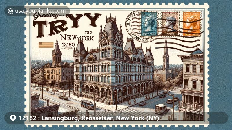 Modern illustration of Lansingburgh, Rensselaer, New York, depicting a historic aerial view with Herman Melville House, United Shirt and Collar Company building, and the Erie Canal, featuring vintage postal elements and a blend of rich history and notable landmarks.
