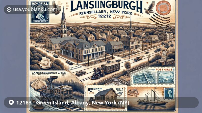 Modern illustration of Green Island, Albany, New York (NY), featuring a vintage airmail envelope with Rensselaer and Saratoga Railroad Green Island Shops on the left, St. Mark's Episcopal Church on the right, and Green Island Bridge in between, showcasing historic and strategic landmarks.