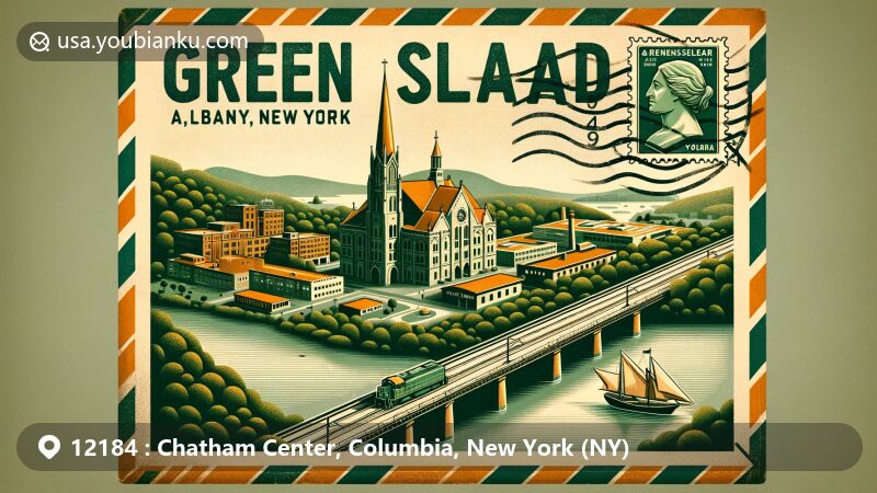 Modern illustration of Chatham Center, Columbia County, New York, featuring regional landmarks, artistic scene, postal theme with ZIP code 12184, and rural landscapes.