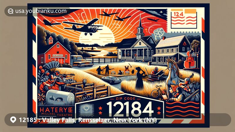 Modern illustration of Valley Falls, Rensselaer County, New York, with ZIP code 12185, capturing small-town charm, outdoor activities, local symbols, and postal elements.