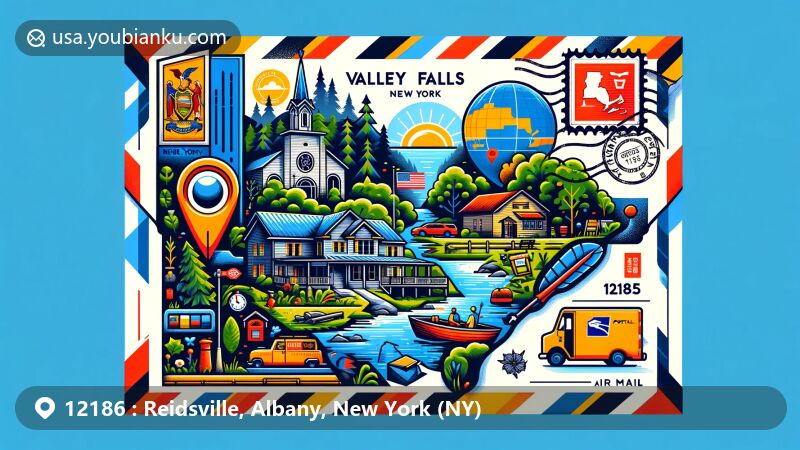 Modern illustration of Reidsville, Albany County, New York, showcasing postal theme with ZIP code 12186, featuring Albany County Courthouse, USS Slater, and Alfred E. Smith Building, integrated with vintage air mail elements.