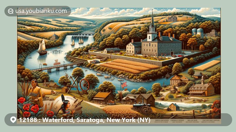 Illustration of Waterford, NY, 12188, showcasing unique geographical and cultural features, combining heritage and landmarks like the confluence of Hudson and Mohawk Rivers, Erie Canal, Peebles Island State Park, and Waterford Flight. Symbols representing Waterford as one of the oldest continuously incorporated villages in US highlight rich architectural heritage. Focus on rivers and canals with map or outline of Waterford emphasizes distinctive geographical layout. Postal elements such as iconic images in stamp corner, 1794 postmark (Waterford's founding year), and ZIP code '12188' integrated creatively in modern illustration capturing essence of Waterford.
