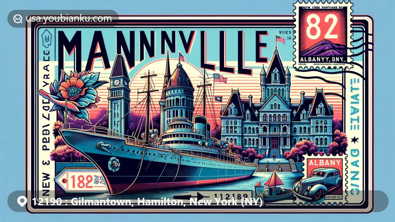 Modern illustration of Gilmantown, Hamilton, New York, featuring Lake Algonquin, Adirondack mountains, and community scene at Old Home Days, with postal elements like a vintage postal truck, mailbox with ZIP code 12190, and flying envelope.