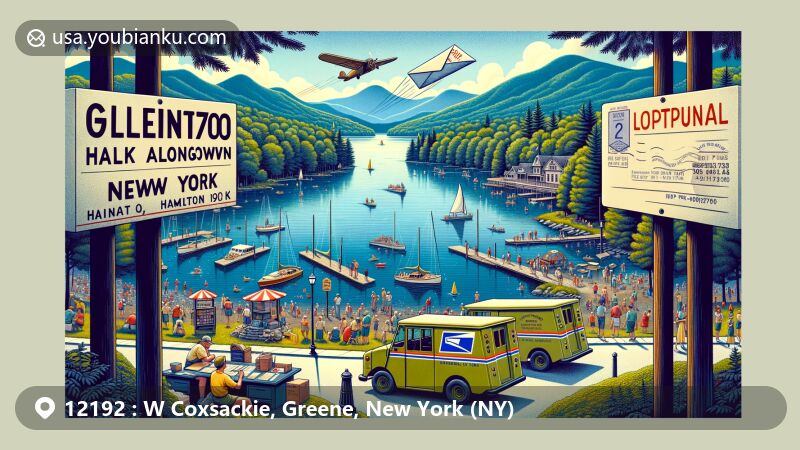 Modern illustration of W Coxsackie, Greene, New York (NY) showcasing postal theme with ZIP code 12192, featuring Hudson Valley Region, Greene County outline, and vintage airmail envelope design.