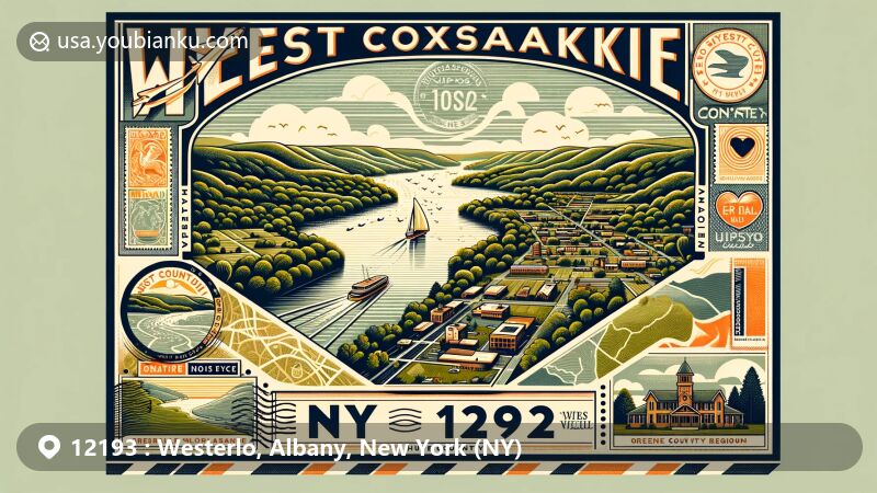 Modern illustration of Westerlo, Albany County, New York, featuring postal theme with ZIP code 12193, showcasing Bear Swamp Preserve's laurel trees and churches, creatively framed with airmail envelope and stamps.