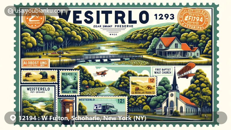 Modern illustration of West Fulton, Schoharie County, New York, with postal theme showcasing ZIP code 12194, featuring Old Stone Fort and retro airmail envelope.