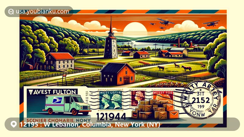 Modern illustration of West Lebanon, Columbia County, New York, showcasing postal theme with ZIP code 12195, depicting tranquil rural setting, possible natural or cultural landmarks, and vibrant design elements.