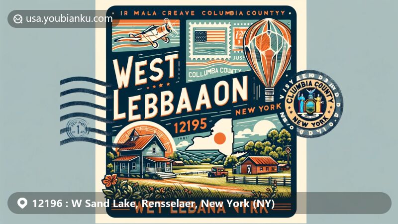 Modern illustration of West Sand Lake, Rensselaer County, New York, featuring natural beauty with Burden Lake, Crooked Lake, Crystal Lake, and Glass Lake, integrating New York state flag, vintage postcard/envelope design, postal theme with ZIP code 12196, and landmarks like Albert R. Fox House.