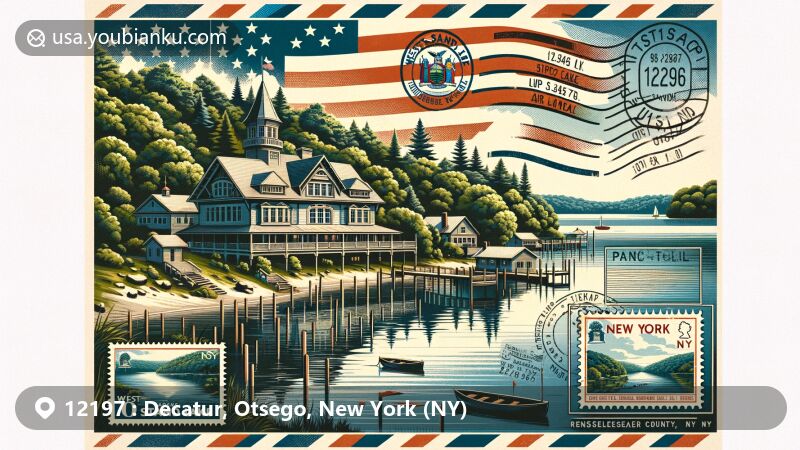 Modern illustration of Decatur area, Otsego County, New York, highlighting natural beauty of Decatur State Forest and architectural features of Worcester historic district, integrated with vintage airmail envelope displaying ZIP code 12197, Decatur landmark stamp, and classic postal truck or mailbox.