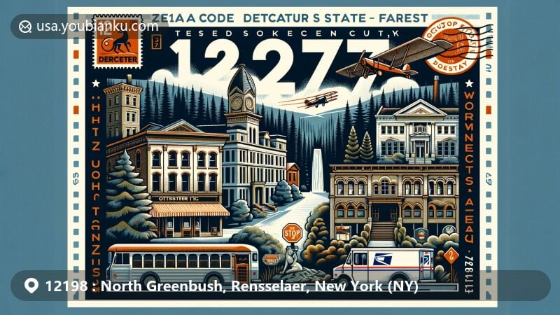 Modern illustration of North Greenbush, Rensselaer County, New York, featuring vintage aviation envelope with elements representing historical background, scenic beauty, and local landmarks.