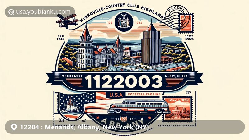 Modern illustration of Menands, Albany County, New York, showcasing the scenic Hudson River, Dutch Village, Menands Village Seal, and a vintage air mail envelope with ZIP code 12204 and a stamp of the Troy-Menands Bridge.