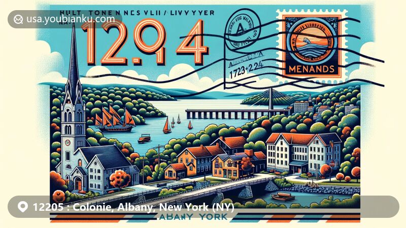 Modern illustration of Colonie, Albany County, New York, depicting postal theme with ZIP code 12205, featuring Empire State Plaza, Albany Symphony Orchestra, and Adirondack Mountains, symbolizing cultural and recreational richness.