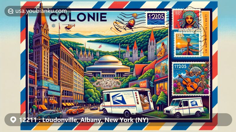 Creative illustration of Loudonville, Albany County, New York, portraying The Crossings of Colonie Park with scenic trails, pond, playground, and maze, alongside Loudon Road Historic District's historic architecture. Postal elements include vintage stamp with ZIP code 12211, postal truck, and air mail envelope.