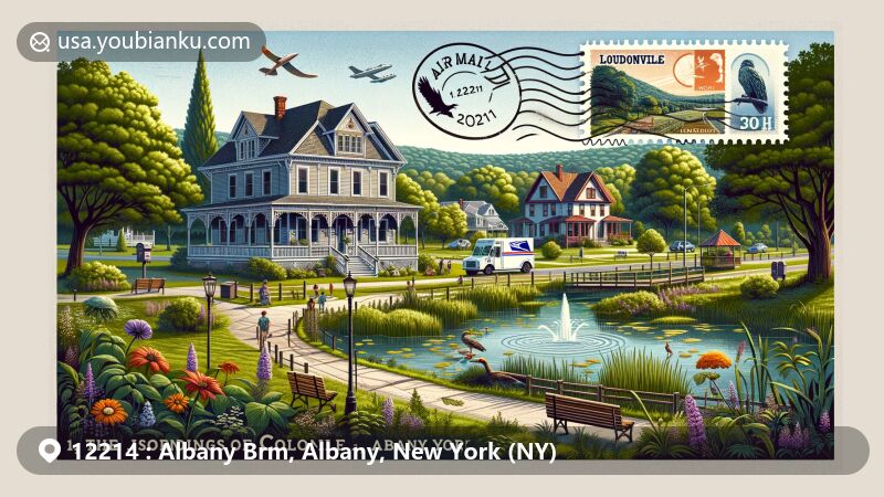 现代插图展示了Albany, New York地区的邮政主题，以12214邮编为焦点，呈现出空间宽广的设计。图中有一个大型航空邮件信封，上面标注着12214邮编，内部展示了Albany的标志性地标，包括纽约州议会大厦、纽约州立大学行政大楼和科霍斯瀑布。周围环绕着代表邮政系统的元素，如复古邮票和邮政车辆。整体风格现代生动，构图吸引眼球。