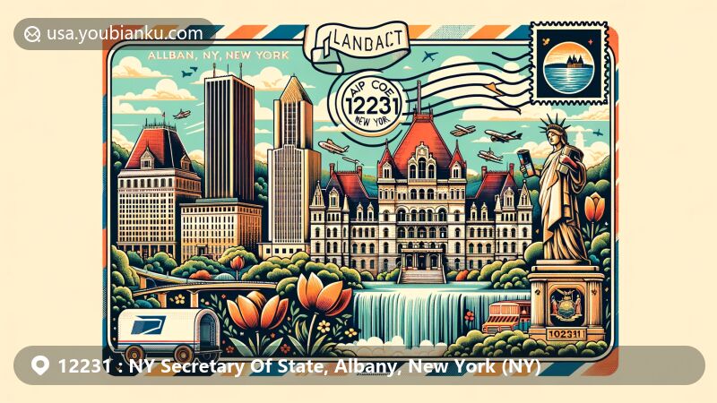Creative illustration of Albany, New York, with postal theme for ZIP code 12231, featuring landmarks like New York State Capitol Building, Cohoes Falls, SUNY Administration Building, and Dutch tulips from Ten Broeck Mansion gardens.