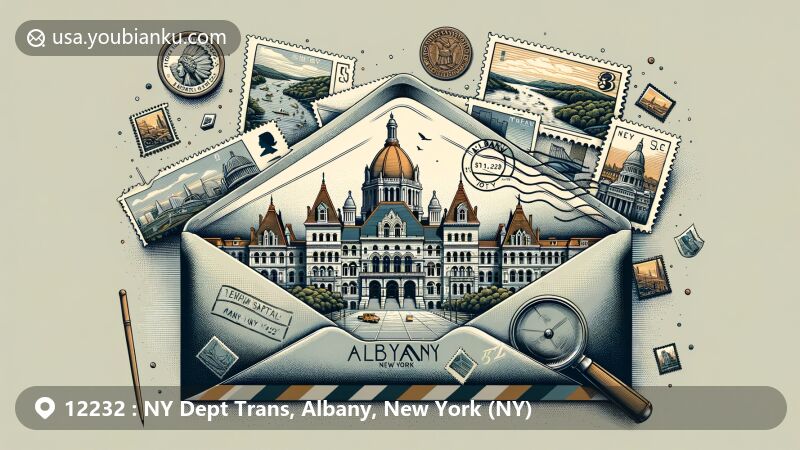 Modern illustration of Albany, New York, featuring New York State Capitol building and postal-themed elements like vintage air mail envelope, stamps, and postmark.