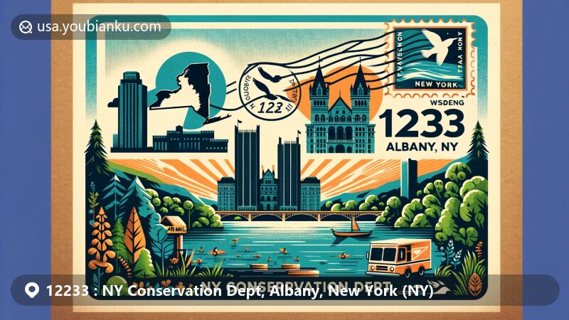 Modern illustration of Albany, New York, for ZIP code 12233, showcasing iconic skyline, state silhouette, and environmental symbols, with vintage postal theme.