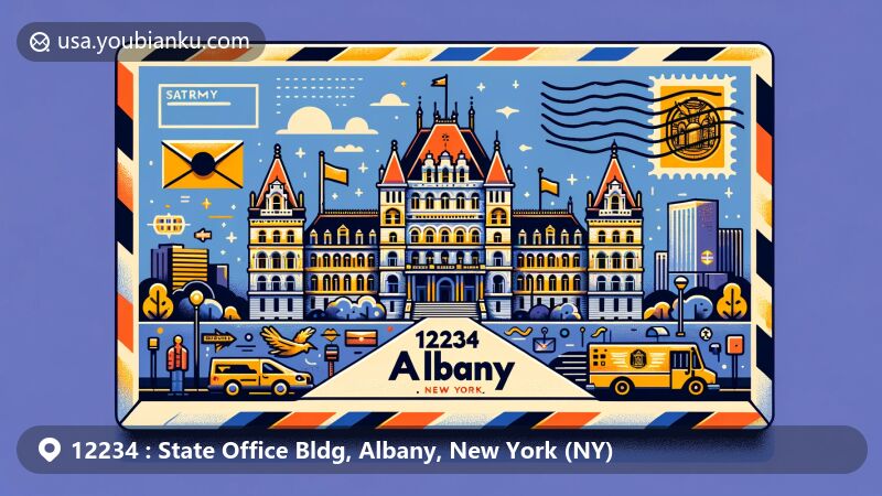 Modern illustration of Albany, New York, showcasing airmail envelope with New York State Capitol, postal symbols, and state elements, highlighting ZIP code 12234 significance.
