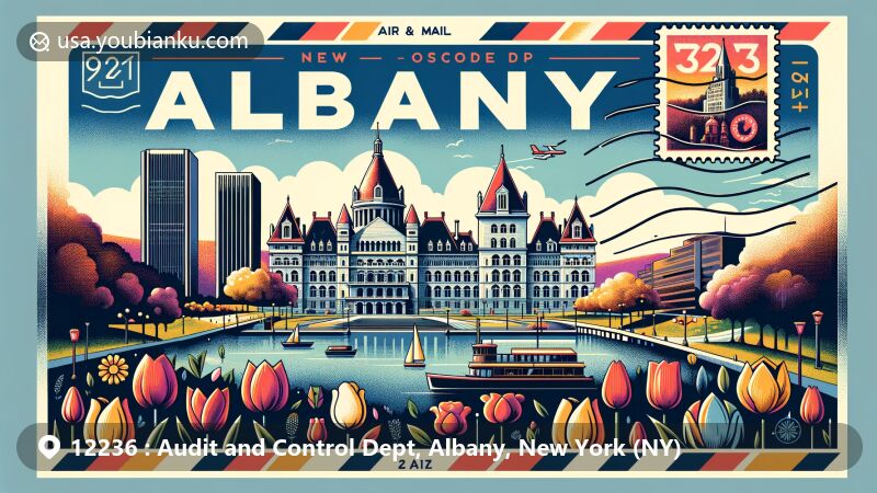 Modern illustration of Albany, New York, highlighting postal theme with ZIP code 12236, featuring New York State Capitol, Washington Park, and New York State Museum, reflecting rich architectural and cultural heritage.