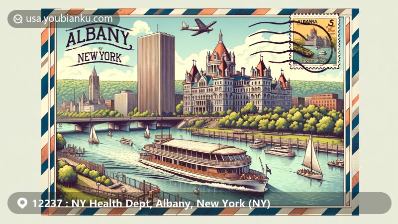 Modern illustration of Albany, New York, highlighting the scenic Hudson River cruise, New York State Capitol, Washington Park, and nostalgic postal elements.