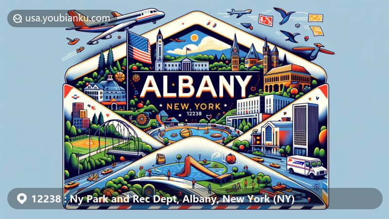 Modern illustration of Albany, New York, showcasing postal theme with ZIP code 12238, featuring airmail envelope with local recreation and parks elements, New York State Parks symbols, and postal icons.