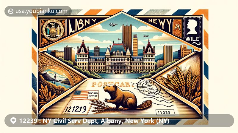 Modern illustration of Albany, New York showcasing a creative postal theme with ZIP code 12239, featuring the New York State Capitol, Albany coat of arms, Hudson River, vintage stamp, and postal mark.