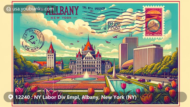 Modern illustration of vibrant Albany, New York, featuring postal theme with Zip code 12240, showcasing State Capitol, Empire State Plaza, and Washington Park.