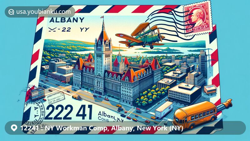 Modern illustration of Albany, New York, emphasizing postal theme with ZIP code 12241, showcasing cityscape and landmarks like the New York State Capitol and Empire State Plaza.